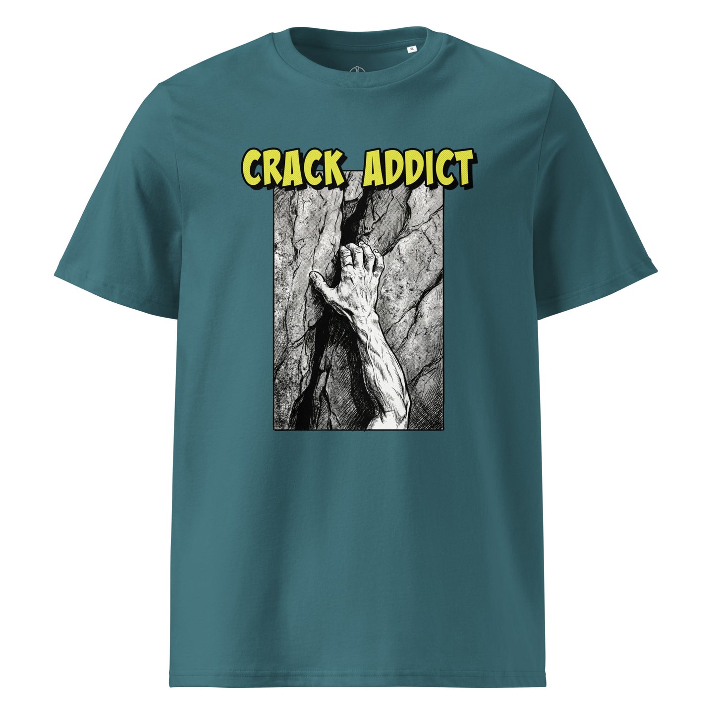 Unisex heavyweight organic cotton climbing tee featuring the Crack Addict Hand Jam design in stargazer color.