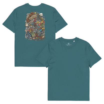 Unisex organic cotton T-shirt by Knot Qualified featuring a technical climbing gear illustration on the back.
