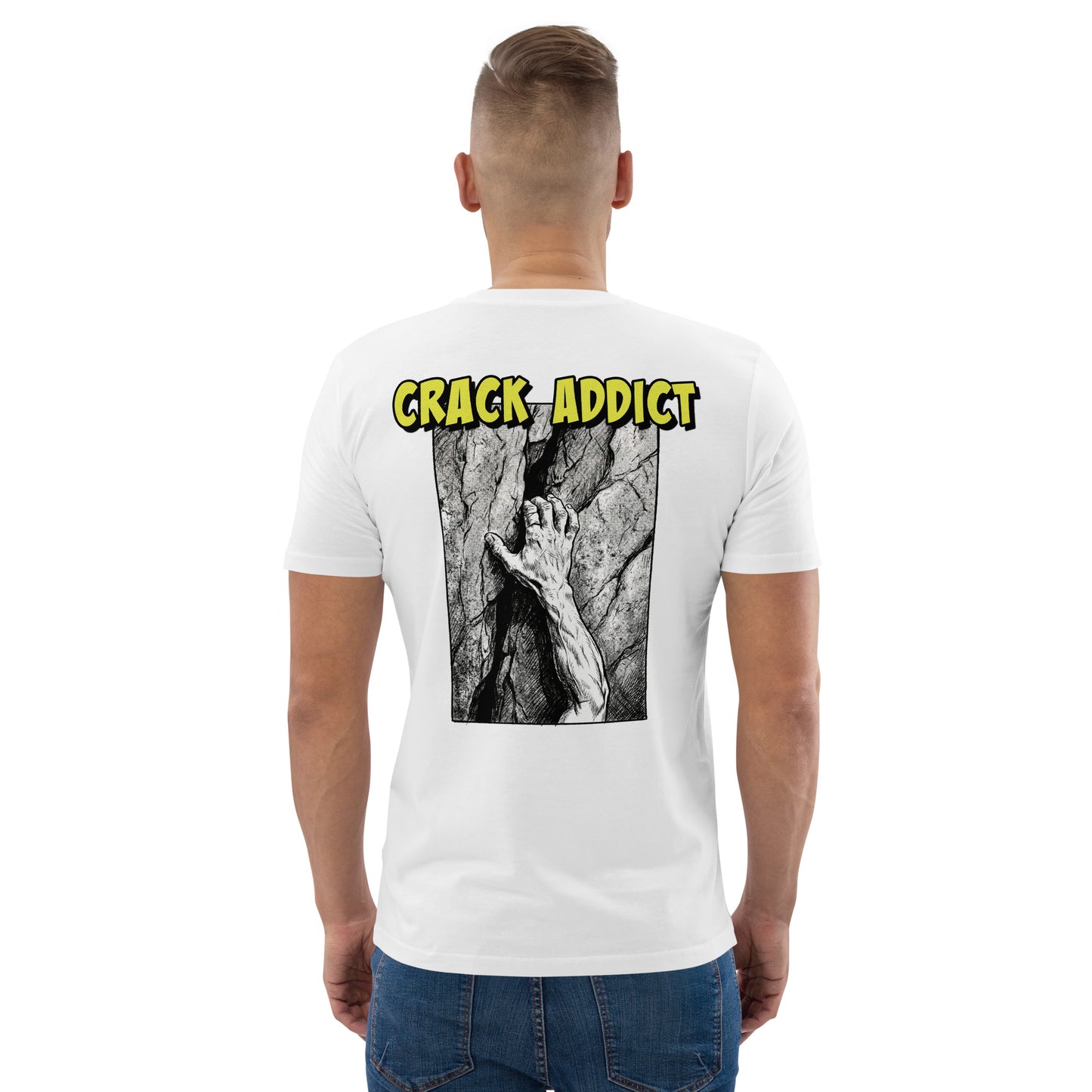White heavyweight organic cotton climbing tee featuring "Crack Addict" backprint by Knot Qualified.