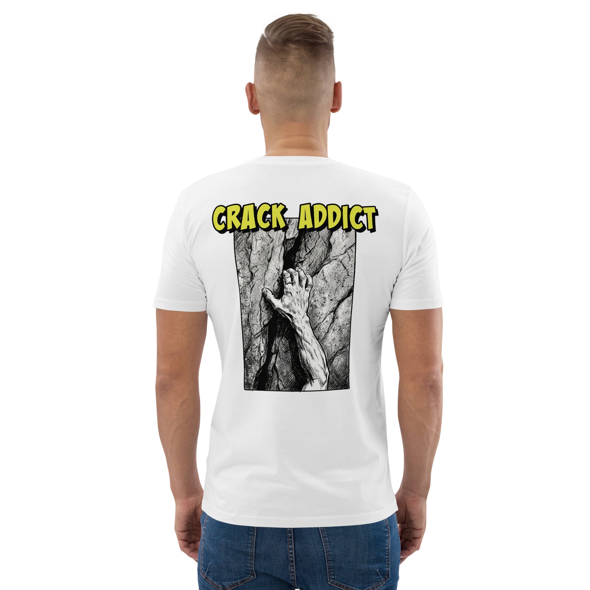 White heavyweight organic cotton climbing tee featuring "Crack Addict" backprint by Knot Qualified.