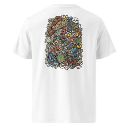 Unisex white organic cotton t-shirt featuring a technical climbing gear illustration on the back by Knot Qualified.