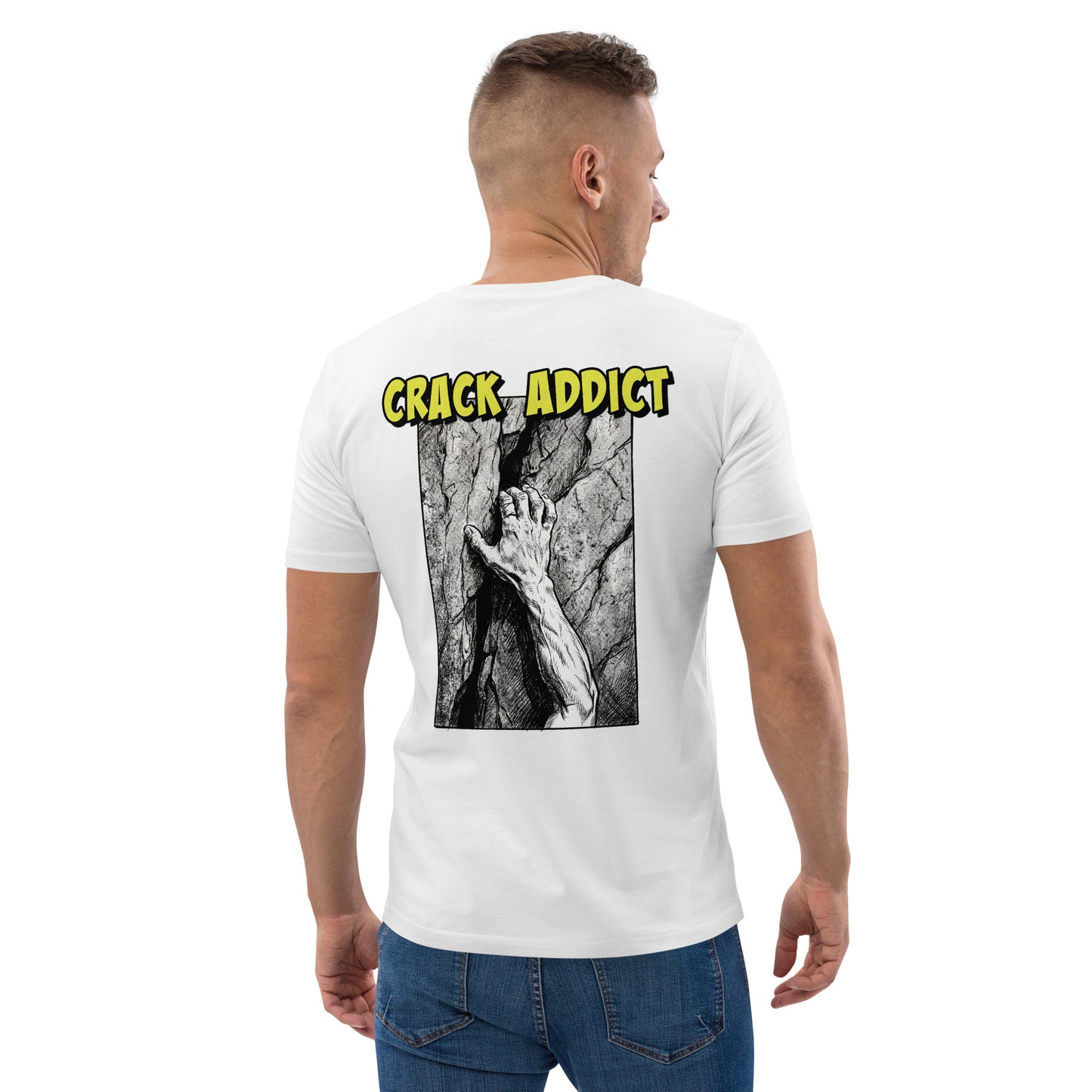 White heavyweight organic cotton climbing tee featuring "Crack Addict" backprint by Knot Qualified.