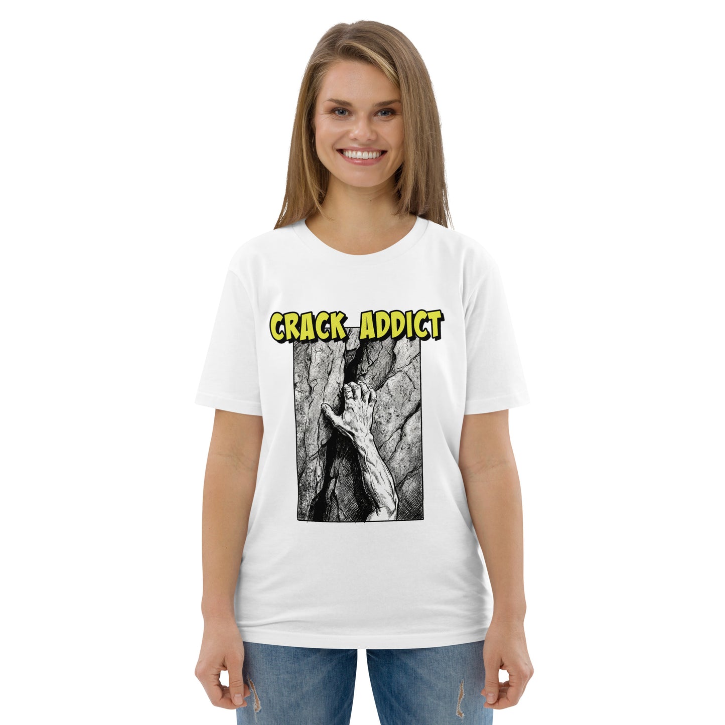 White Crack Addict Hand Jam T-Shirt by Knot Qualified, featuring a unisex design and made from heavyweight organic cotton.