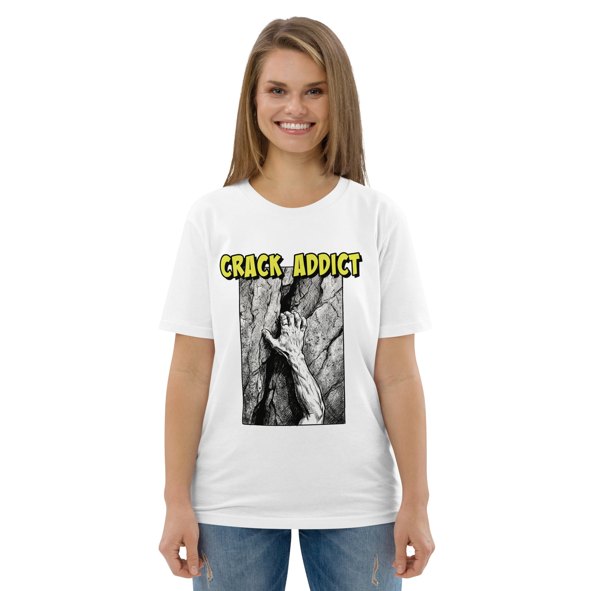 White Crack Addict Hand Jam T-Shirt by Knot Qualified, featuring a unisex design and made from heavyweight organic cotton.