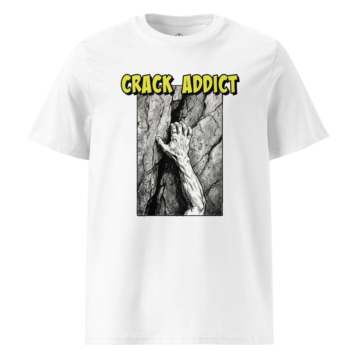 White Crack Addict Hand Jam T-Shirt from Knot Qualified, featuring a heavyweight organic cotton blend for climbing enthusiasts.