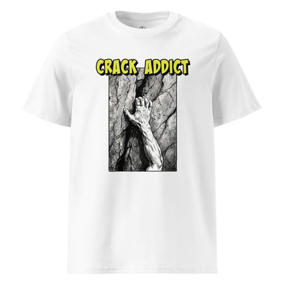 White Crack Addict Hand Jam T-Shirt from Knot Qualified, featuring a heavyweight organic cotton blend for climbing enthusiasts.