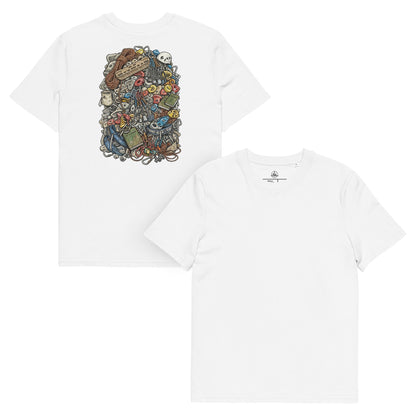 White unisex organic cotton T-shirt featuring a technical climbing gear illustration on the back by Knot Qualified.