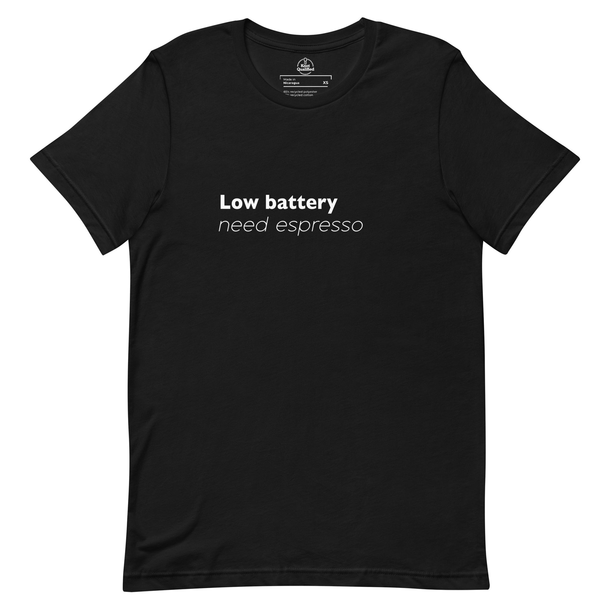 Black unisex eco t-shirt by Knot Qualified featuring "Low Battery Need Espresso" graphic on the front.