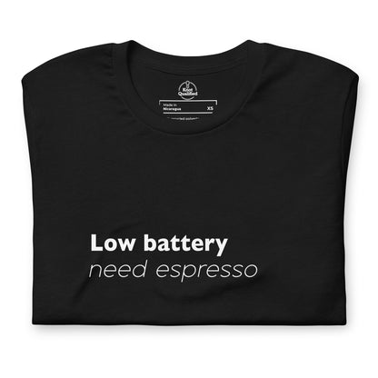 Black unisex eco t-shirt by Knot Qualified featuring "Low Battery Need Espresso" minimal graphic design on the front.