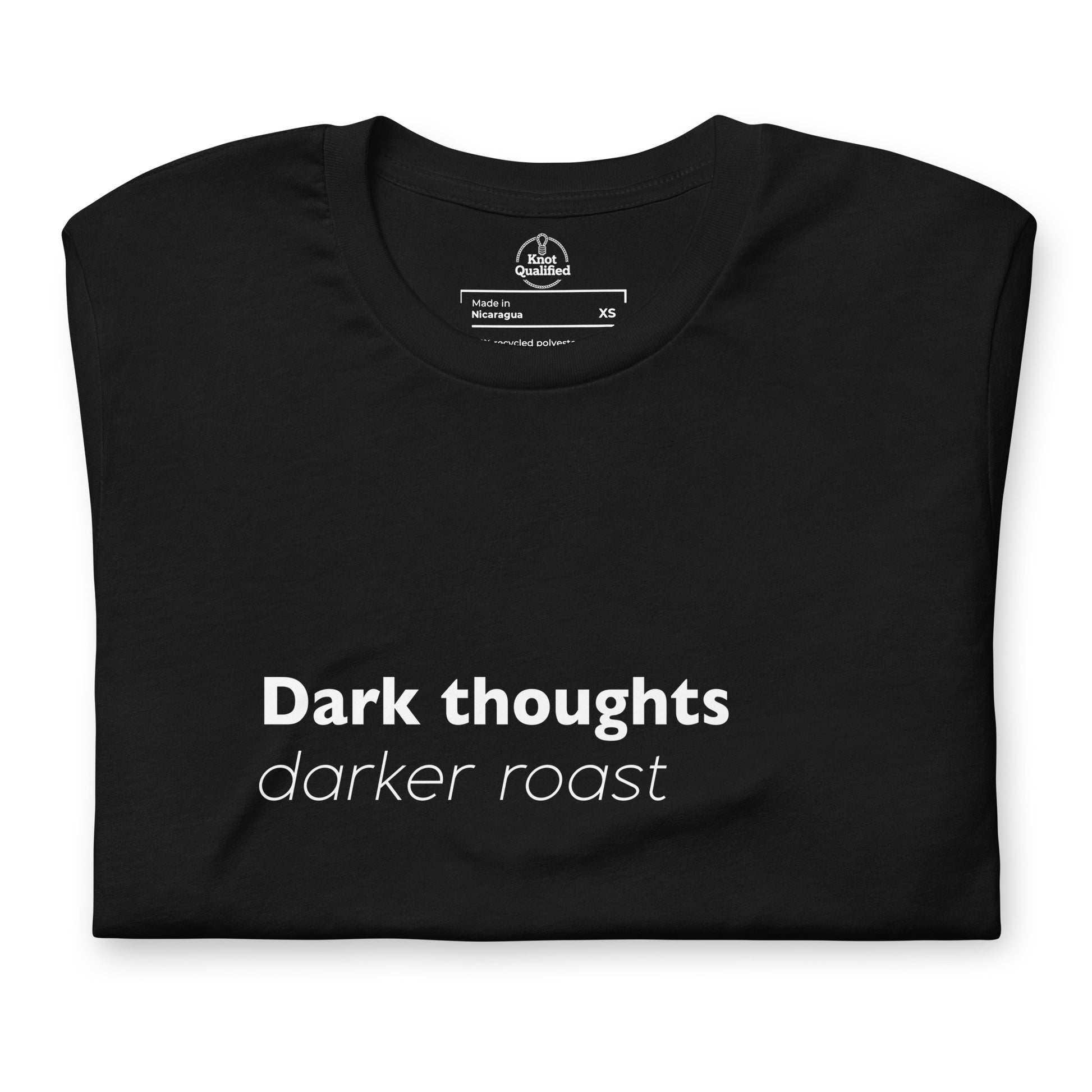 Black unisex eco t-shirt featuring "Dark Thoughts" design, from Knot Qualified, with a minimalistic aesthetic.