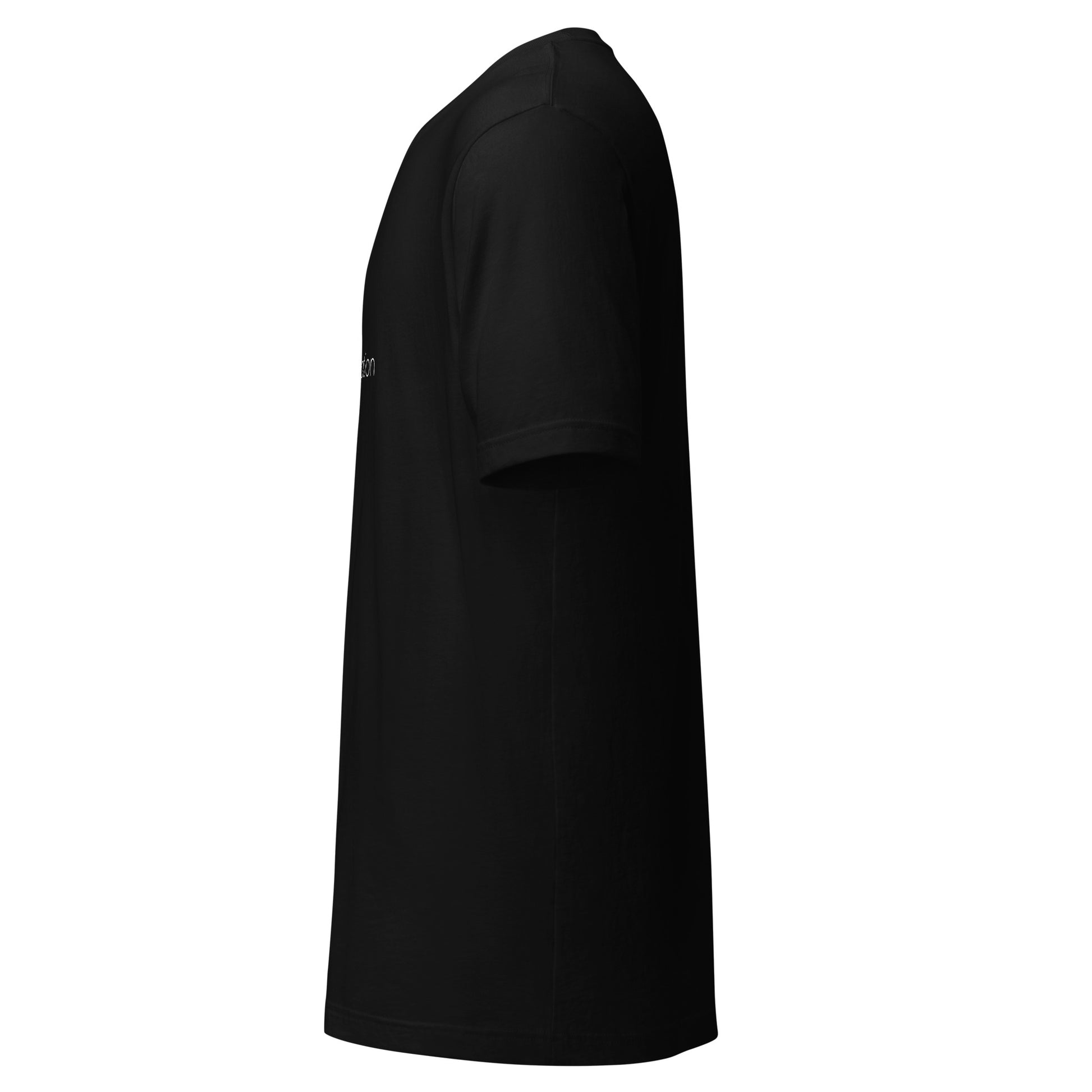 Unisex black eco T-shirt featuring "No Coffee No Conversation" text by Knot Qualified.