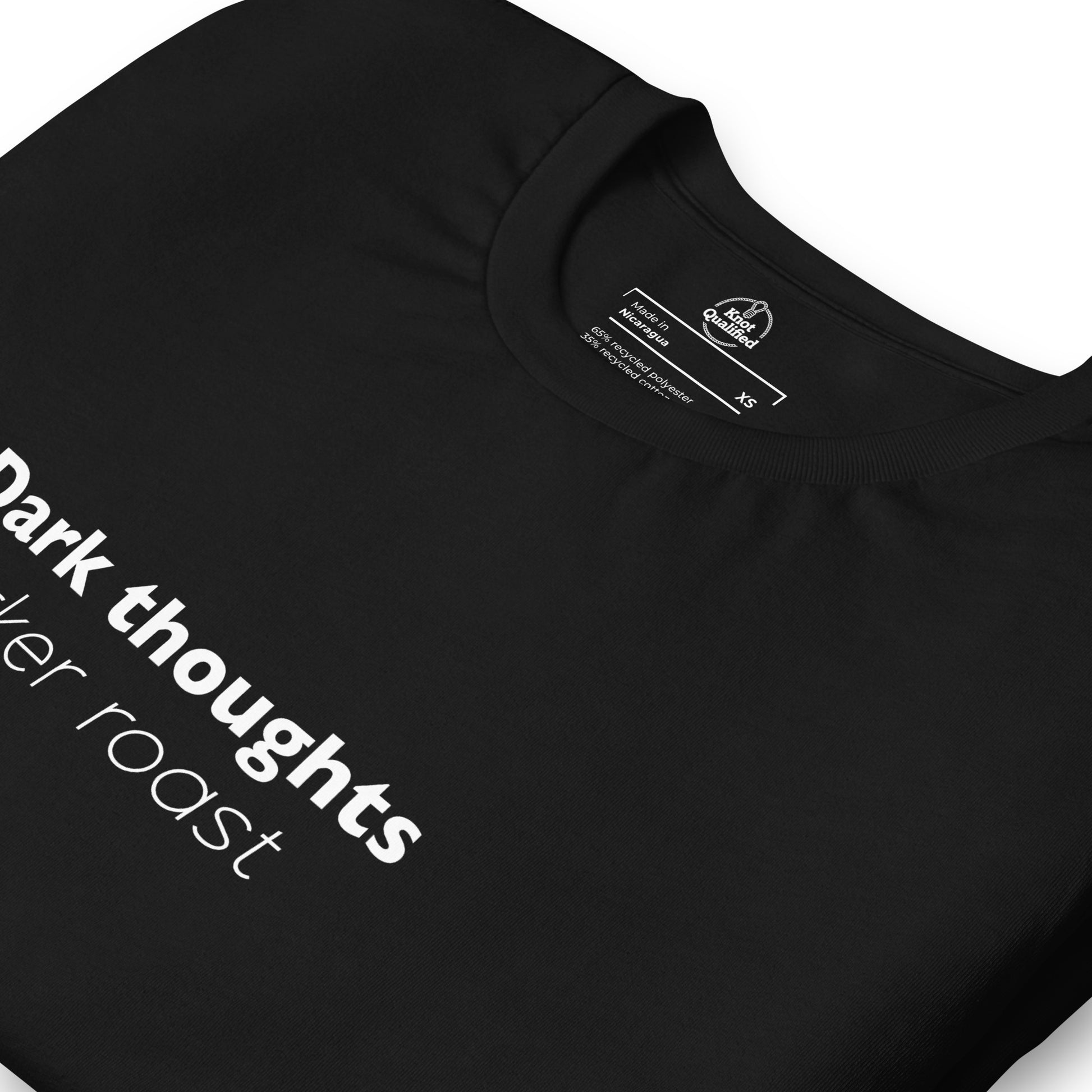 Black minimal tee featuring "Dark Thoughts" design from Knot Qualified, showcasing soft eco-friendly fabric and unisex fit.