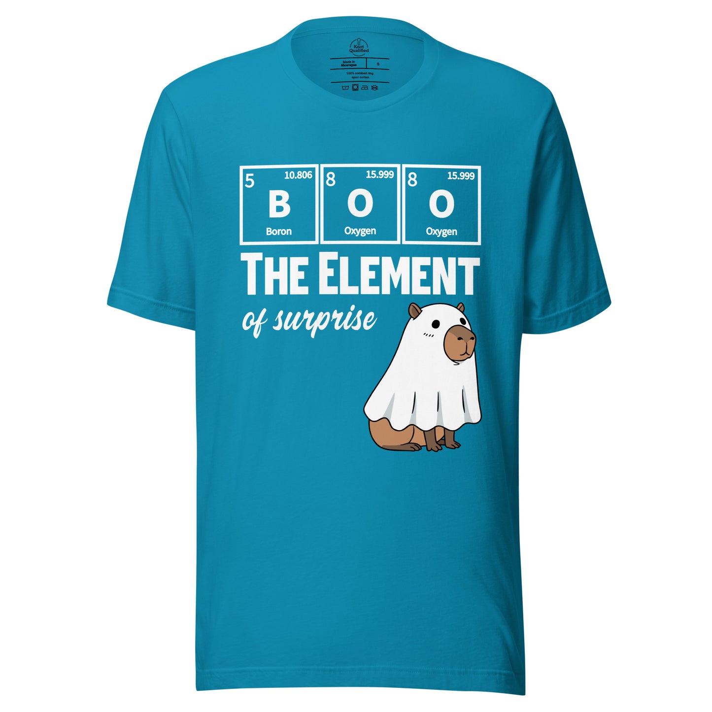 Aqua unisex t-shirt featuring a funny capybara ghost graphic from Knot Qualified, perfect for science lovers.
