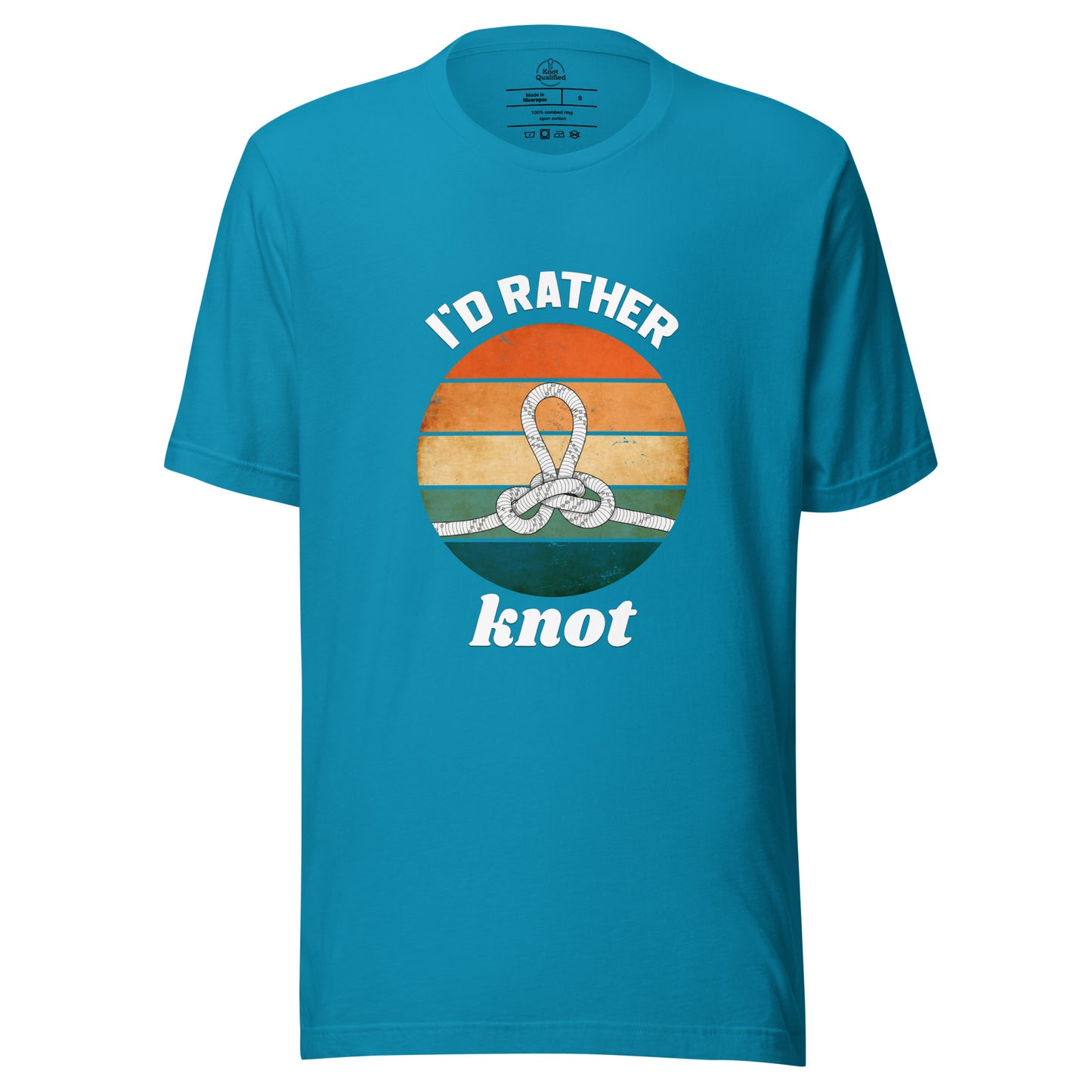 Unisex aqua t-shirt featuring "I'd Rather Knot - Alpine Butterfly" design by Knot Qualified, displayed from the front.