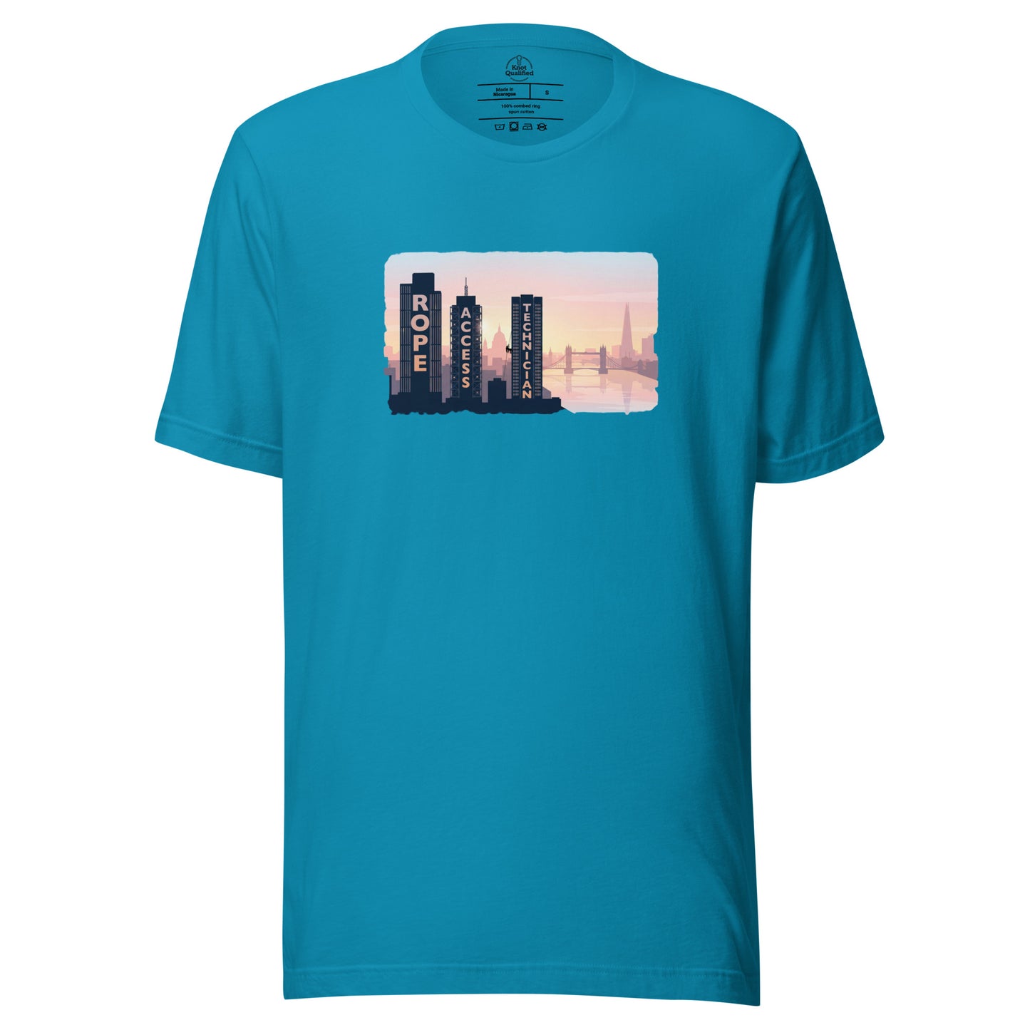 Aqua unisex T-shirt featuring London skyline design, ideal for rope access technicians and high-altitude work gifts.