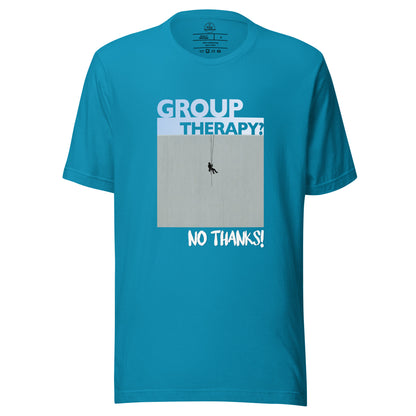 Aqua unisex T-shirt featuring "Group Therapy? No Thanks." design for rope access technicians by Knot Qualified.