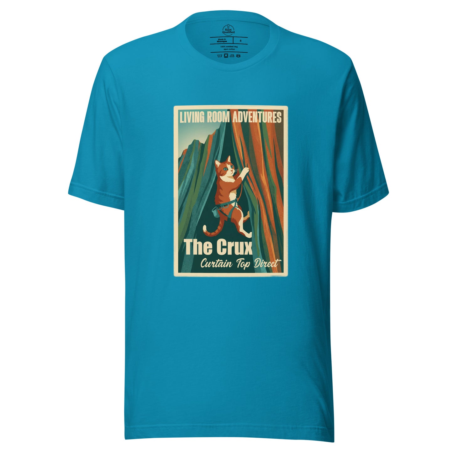 Aqua unisex t-shirt from Knot Qualified featuring a funny rock climbing cat design, perfect for cat lovers.