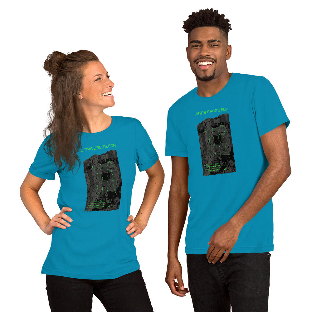 Aqua unisex T-shirt featuring the Cenotaph Corner climbing topo design by Knot Qualified on the front.