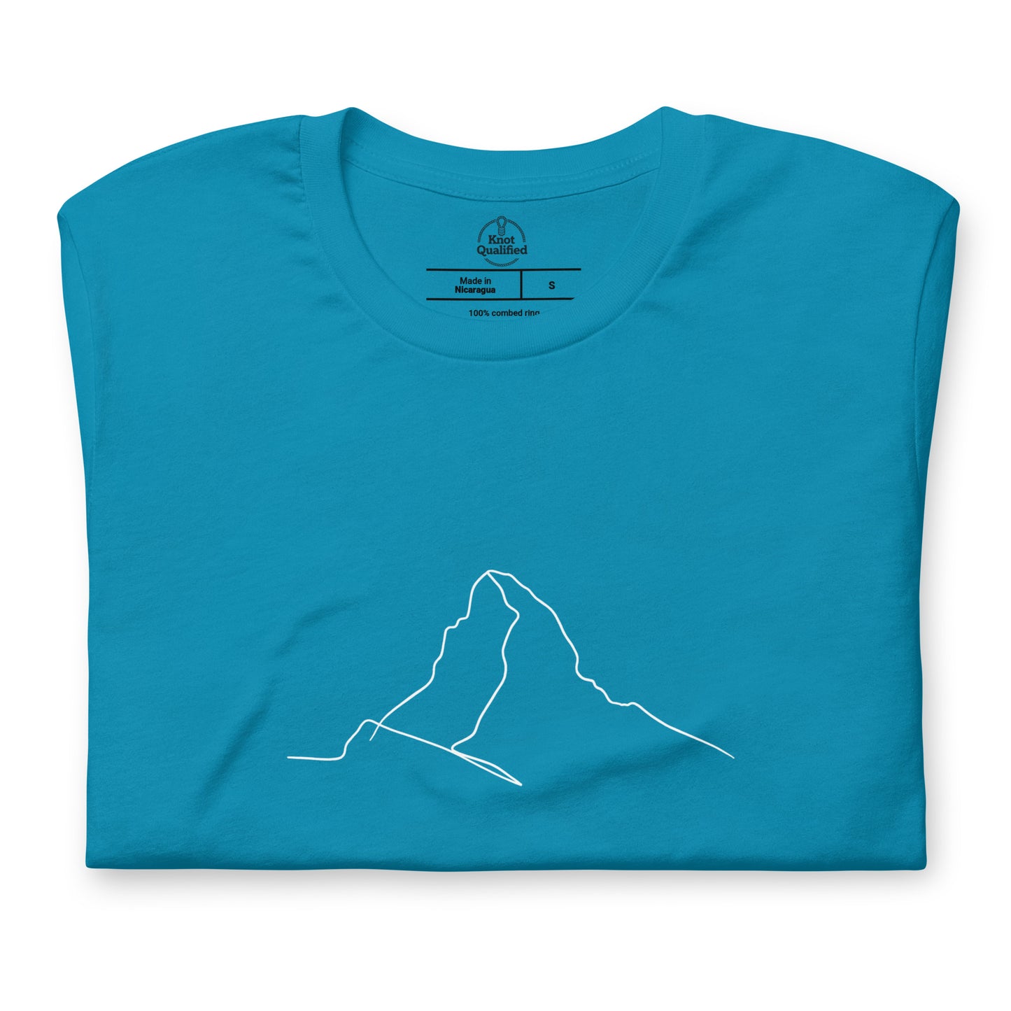 Aqua unisex T-shirt featuring minimalist Matterhorn line art in Picasso style by Knot Qualified.
