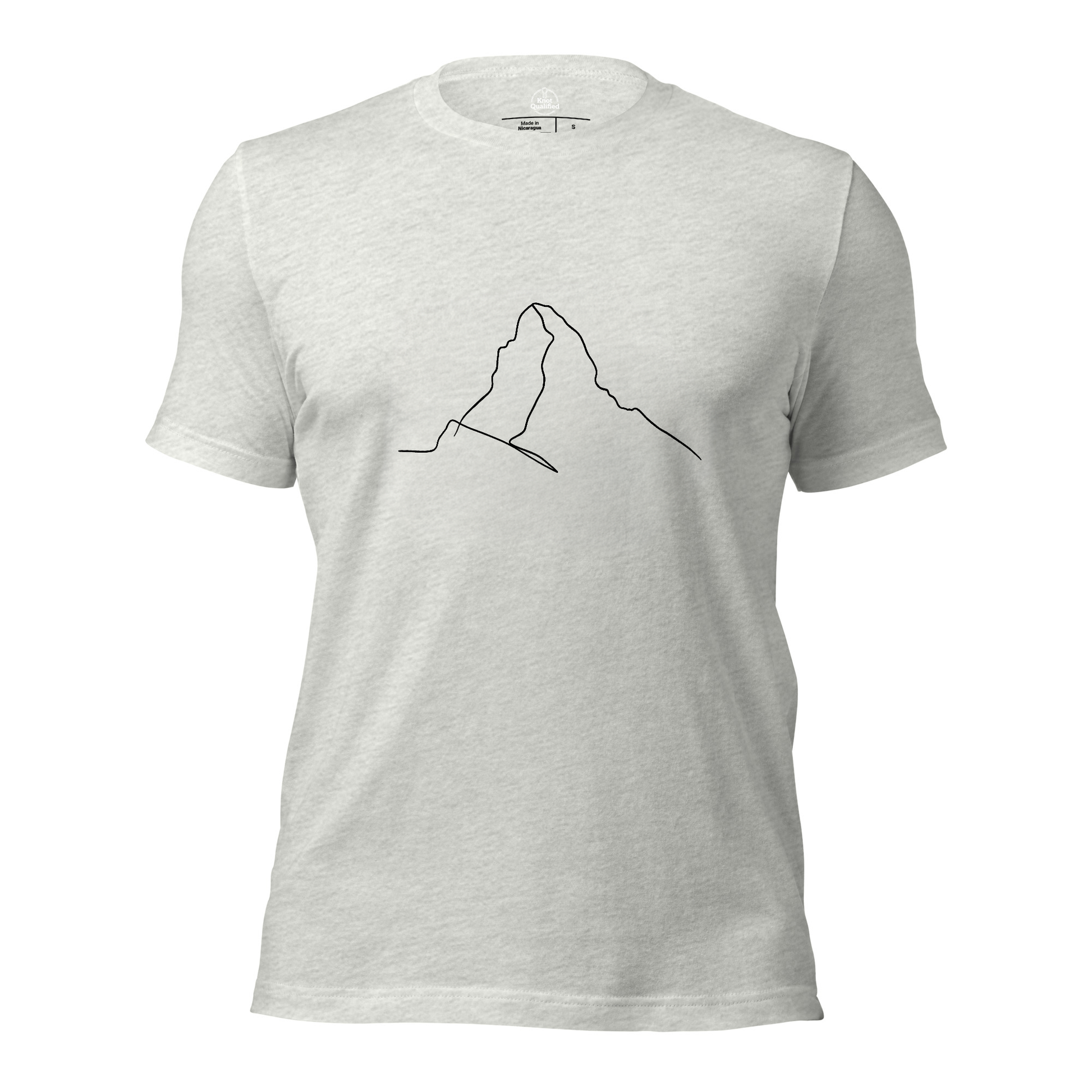 Unisex ash minimalist Matterhorn line art T-shirt by Knot Qualified, featuring Picasso-style alpinist design.