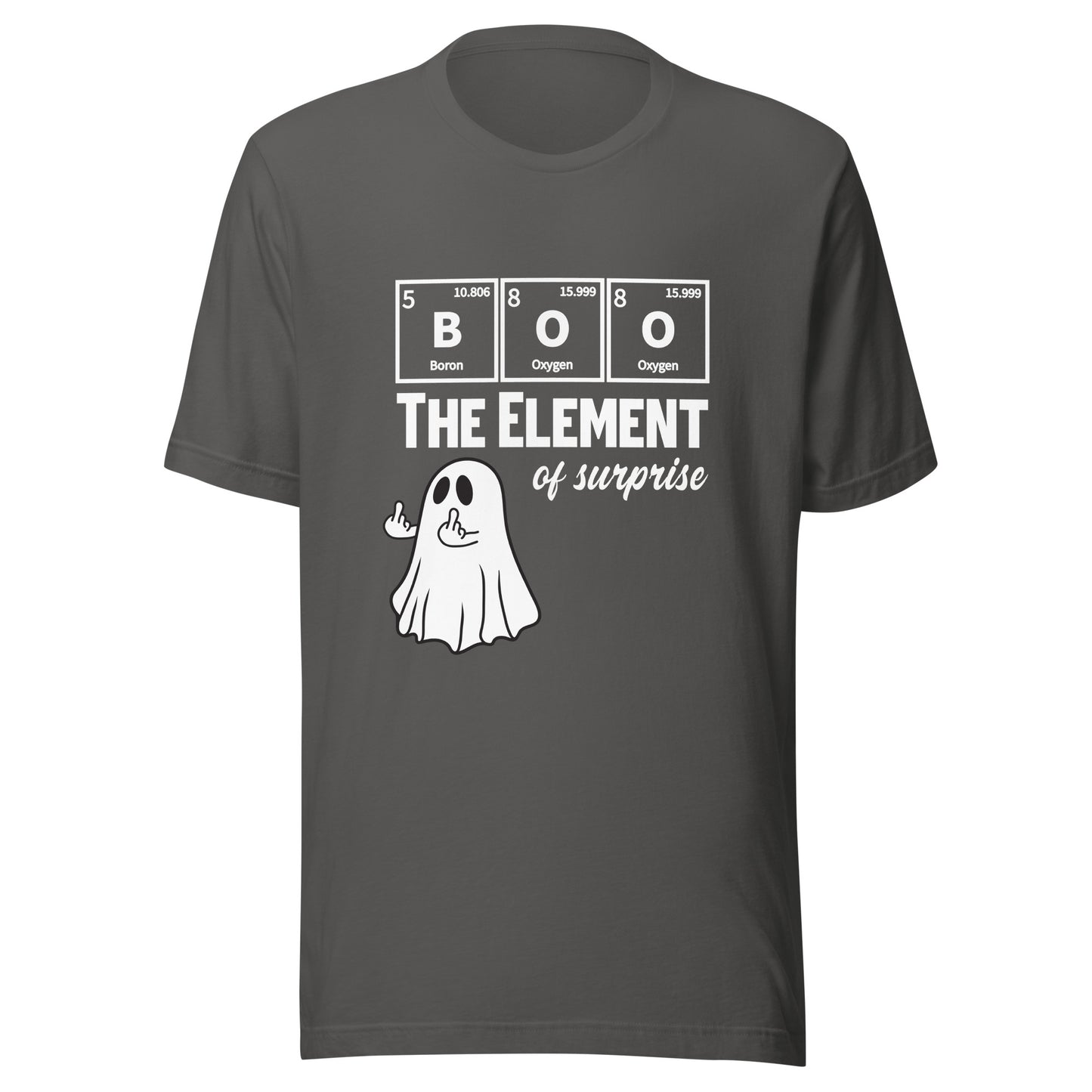 Unisex asphalt t-shirt from Knot Qualified featuring a funny ghost design with a Halloween science pun.