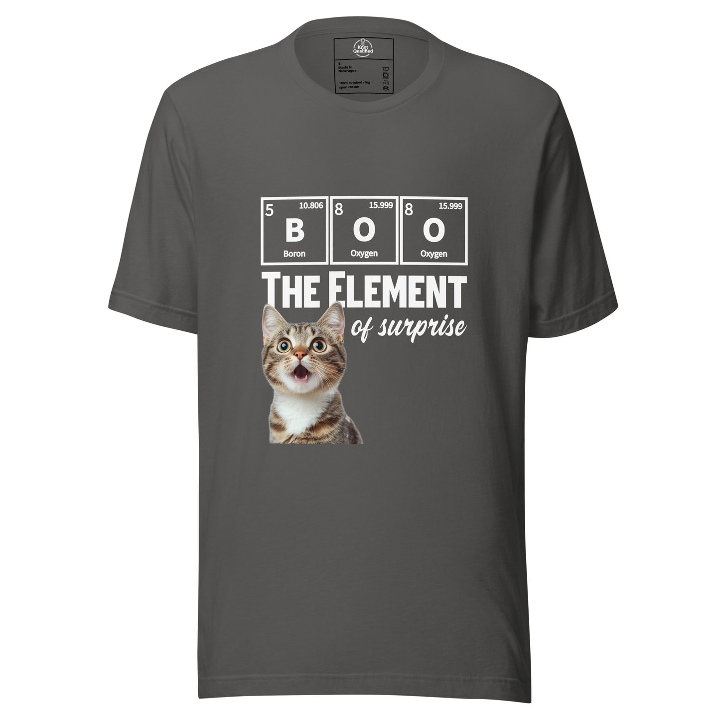Unisex asphalt t-shirt featuring "Boo The Element Of Surprise" cute kitten chemistry pun by Knot Qualified.