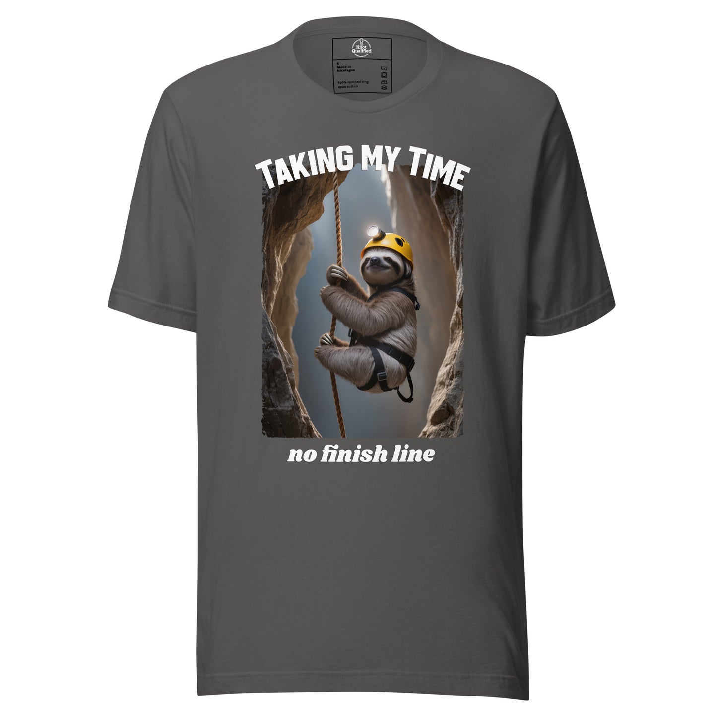 Unisex Asphalt T-shirt by Knot Qualified featuring "Taking my Time, no finish line" graphic on the front.