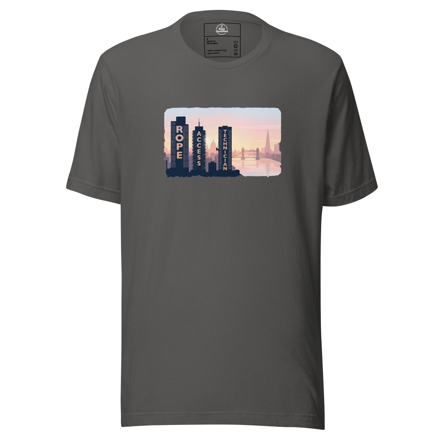 Unisex Knot Qualified T-shirt featuring London skyline design, perfect for rope access technicians and high-altitude workers.