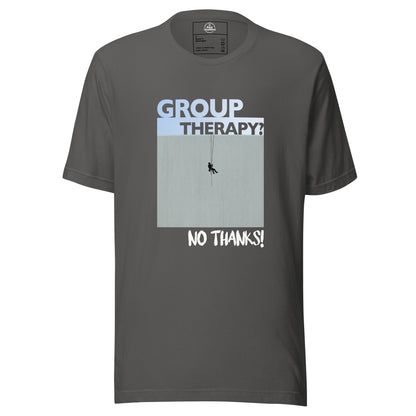 Unisex Knot Qualified T-shirt in asphalt featuring "Group Therapy? No Thanks." design for rope access technicians.