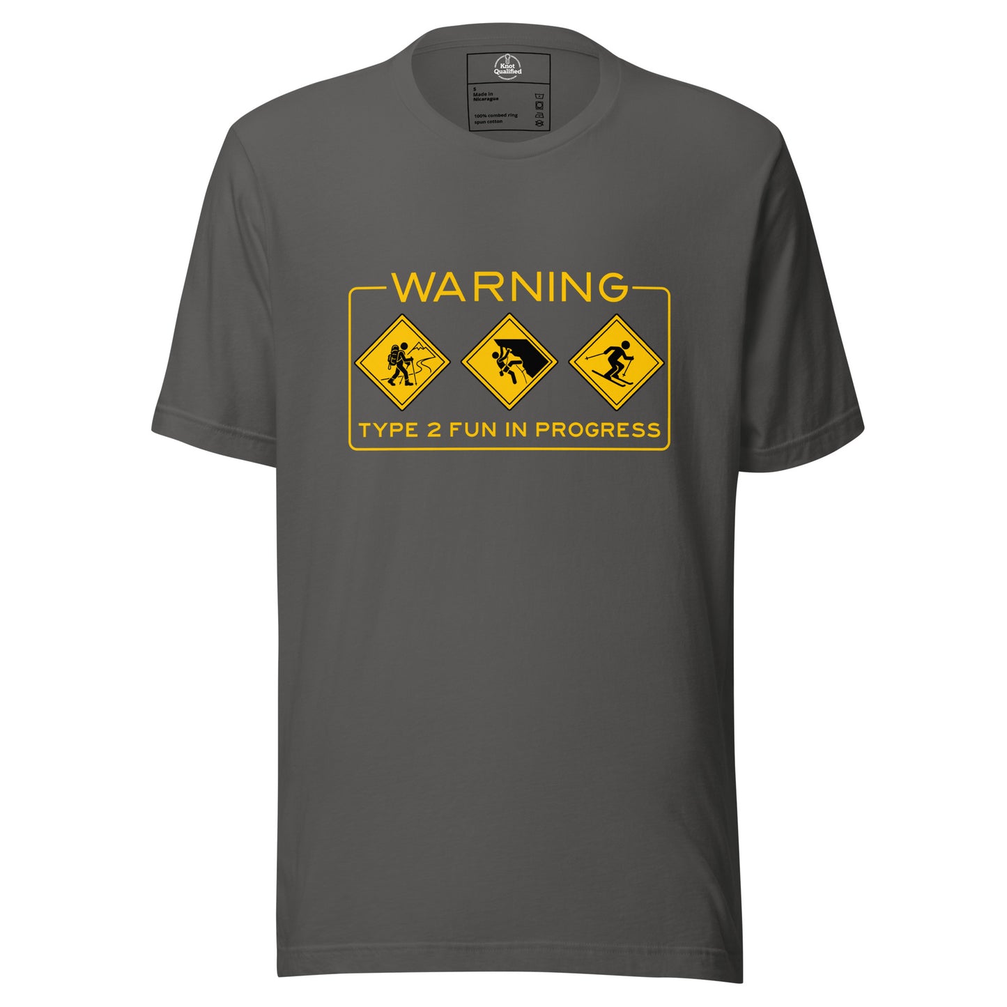 Unisex asphalt T-shirt featuring "Warning Type 2 Fun In Progress" graphic by Knot Qualified, ideal for outdoor enthusiasts.