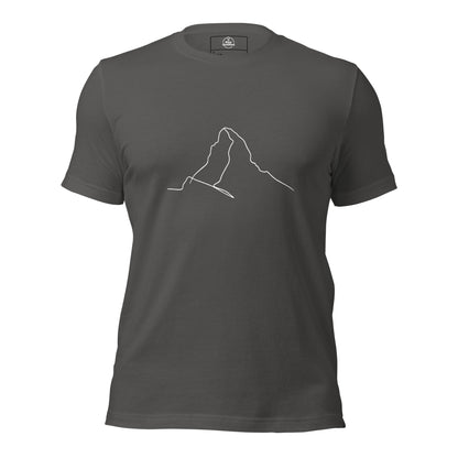 Asphalt unisex t-shirt featuring minimalist Matterhorn line art in Picasso style by Knot Qualified.