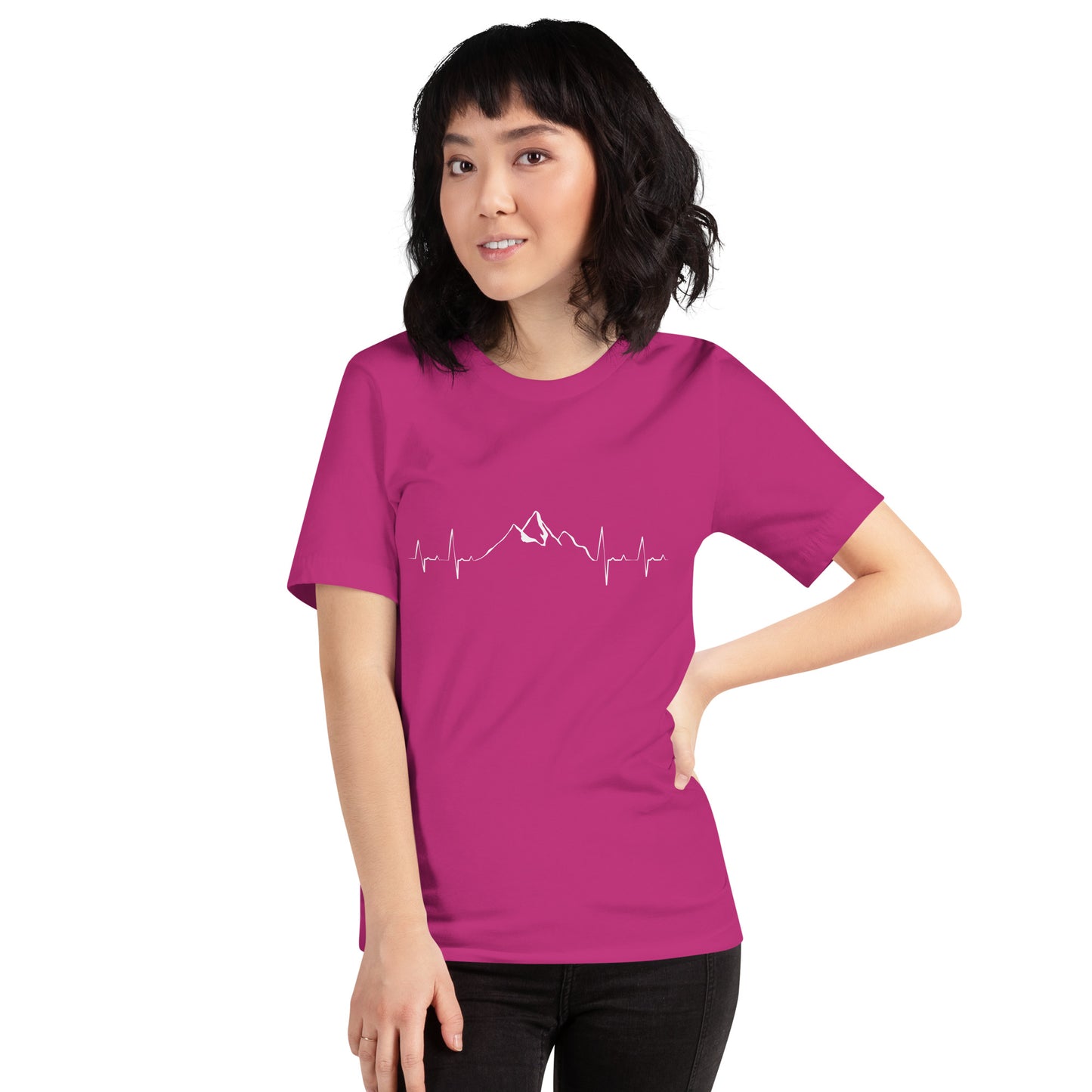 Berry unisex t-shirt by Knot Qualified featuring a mountain heartbeat graphic on the front.