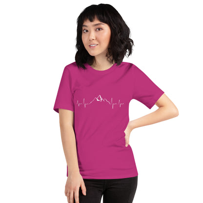 Berry unisex t-shirt by Knot Qualified featuring a mountain heartbeat graphic on the front.