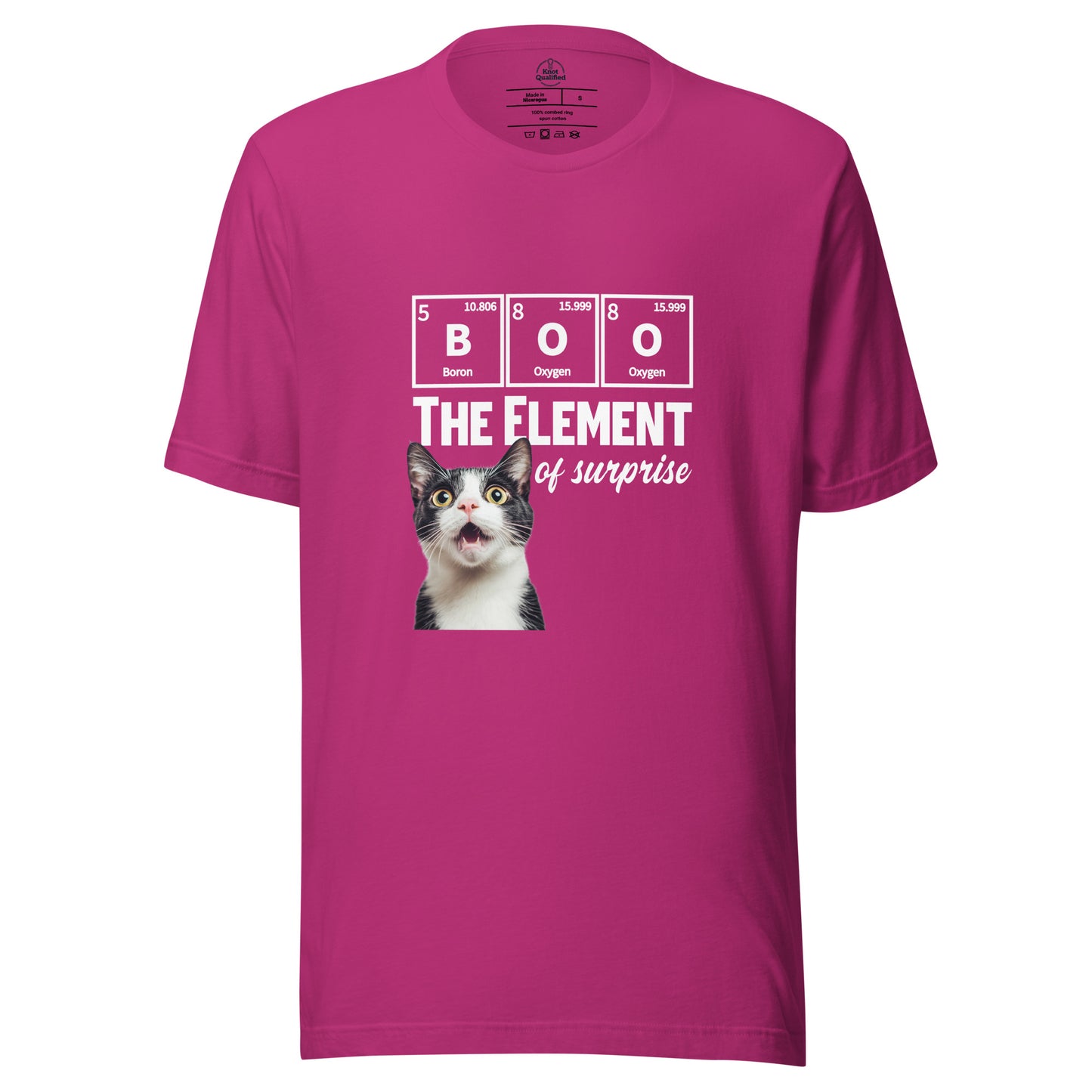 Funny tuxedo cat graphic on a berry unisex t-shirt by Knot Qualified, featuring a science pun design.