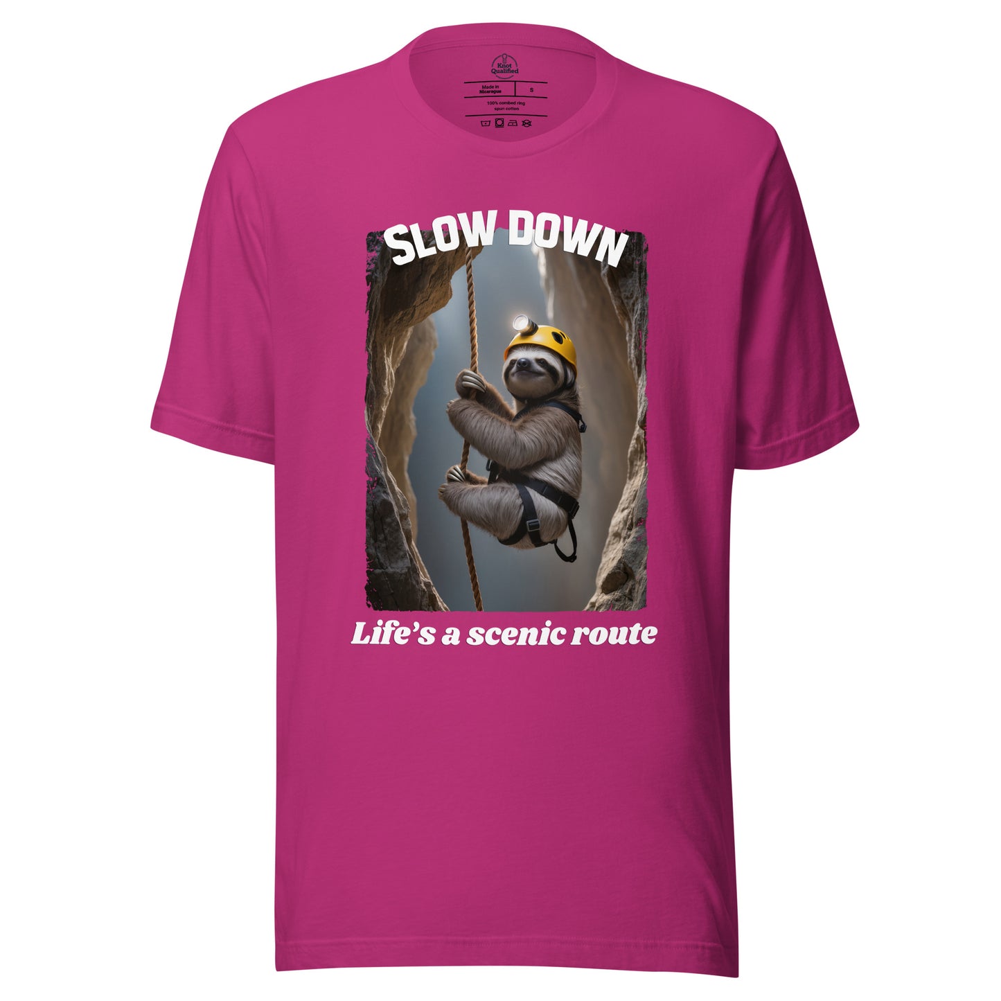 Unisex berry t-shirt from Knot Qualified featuring "Slow down Life’s a scenic route" graphic on the front.