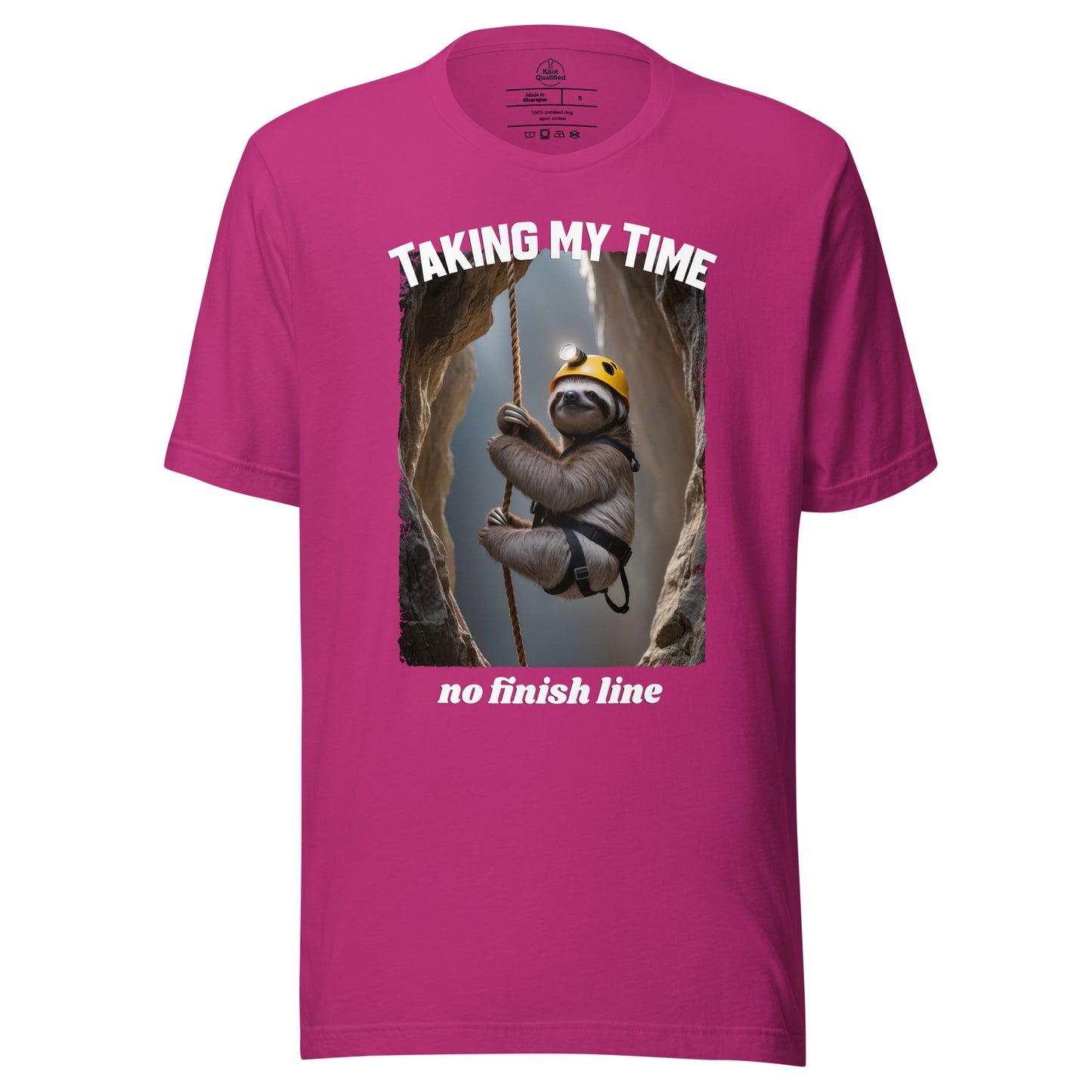 Unisex berry T-shirt by Knot Qualified featuring "Taking my Time, no finish line" graphic on the front.