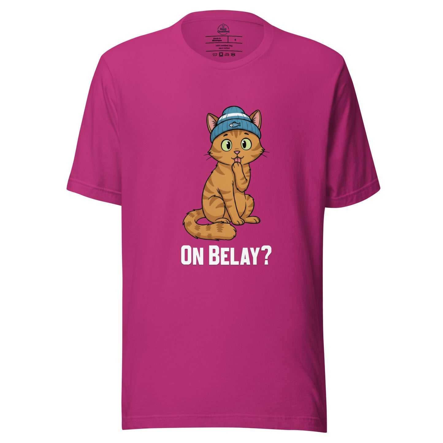 Unisex berry climbing t-shirt featuring "On Belay Climbing Cat" design by Knot Qualified, front view.