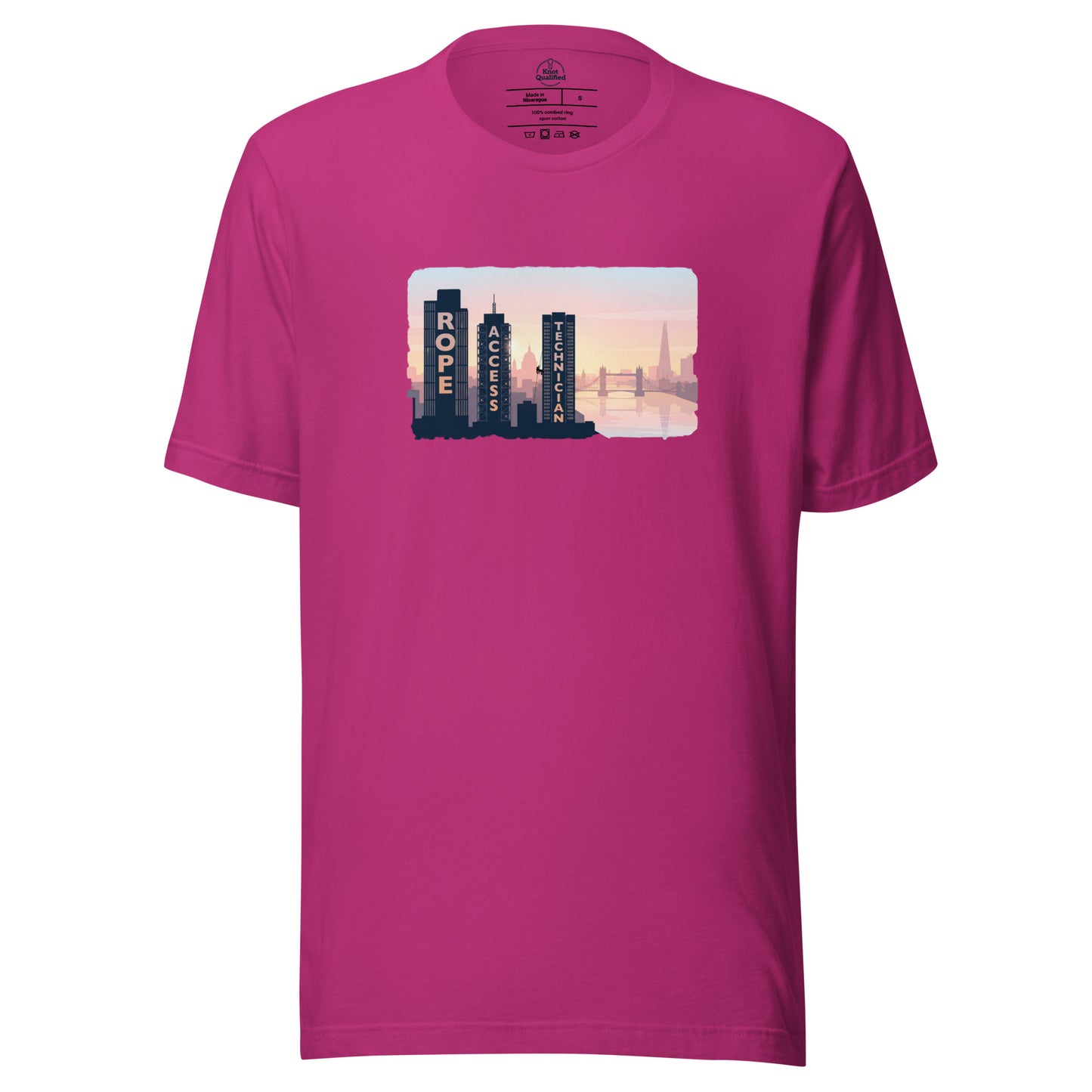 Unisex berry T-shirt featuring London skyline design, ideal for rope access technicians and high-altitude workers.