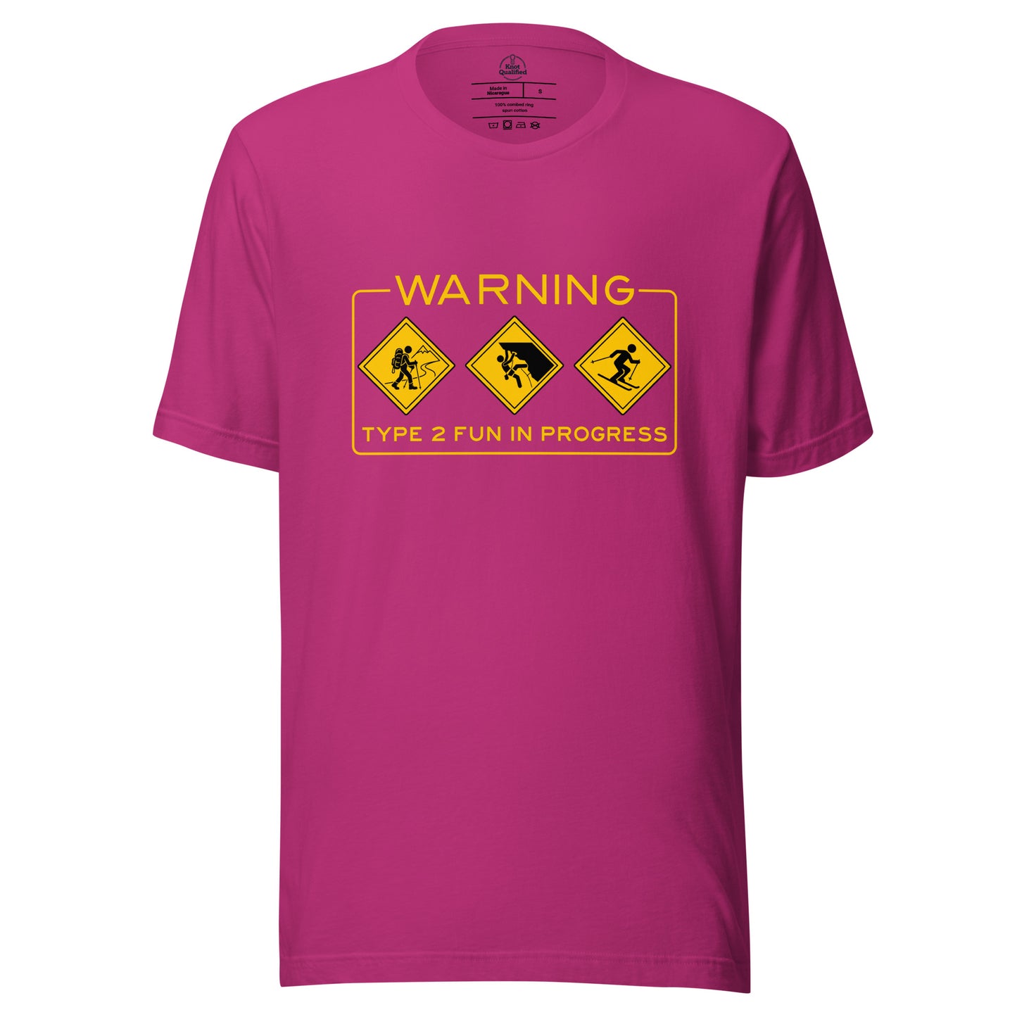 Unisex berry T-shirt from Knot Qualified featuring "Warning: Type 2 Fun In Progress" graphic, ideal for outdoor enthusiasts.