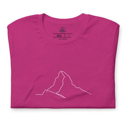 Unisex berry T-shirt featuring minimalist Matterhorn line art in Picasso style by Knot Qualified.