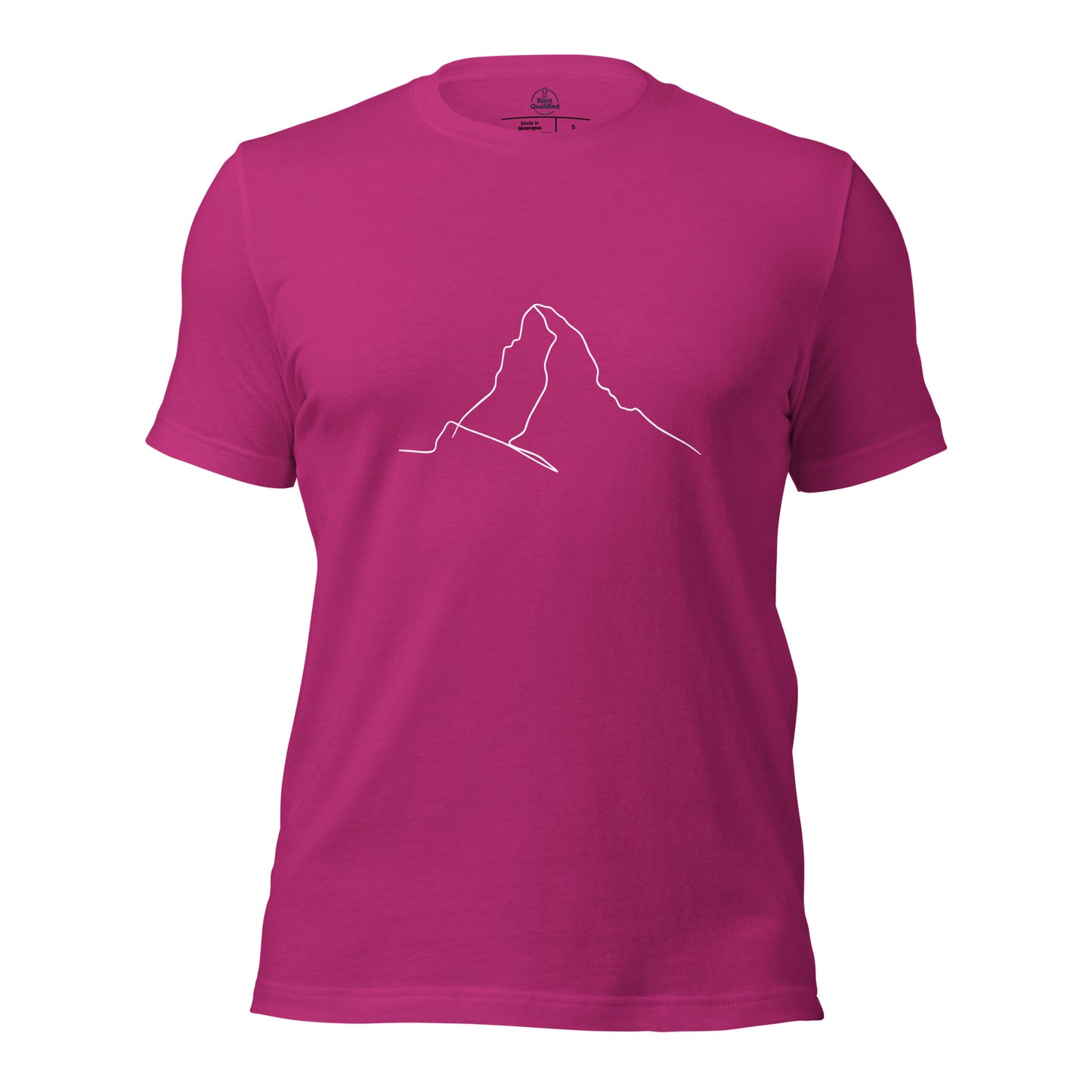 Unisex berry t-shirt featuring minimalist Matterhorn line art in Picasso style by Knot Qualified.