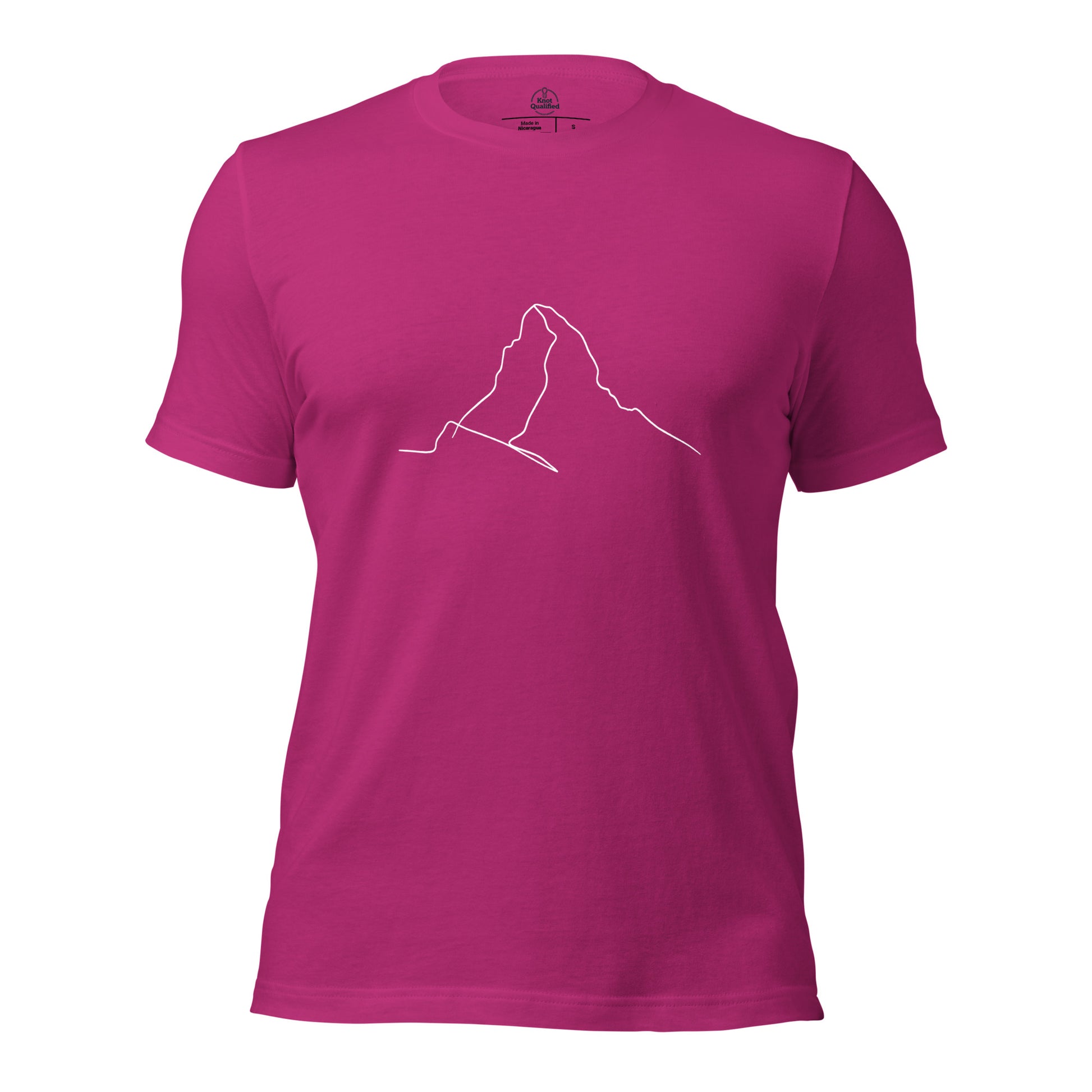 Unisex berry t-shirt featuring minimalist Matterhorn line art in Picasso style by Knot Qualified.