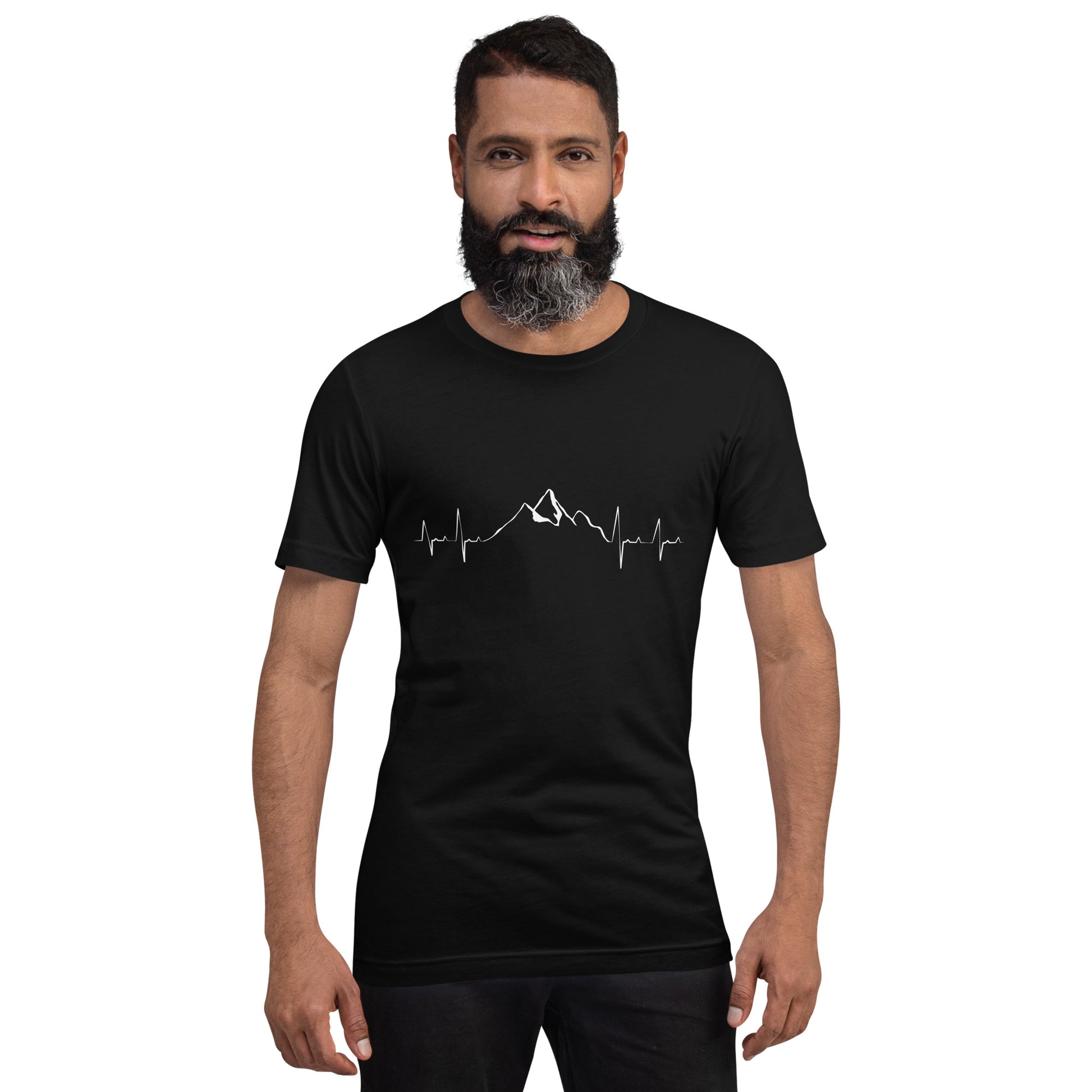 Black unisex t-shirt featuring "Mountain Heartbeat" design by Knot Qualified, displayed from the front.
