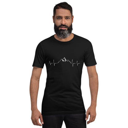 Black unisex t-shirt featuring "Mountain Heartbeat" design by Knot Qualified, displayed from the front.