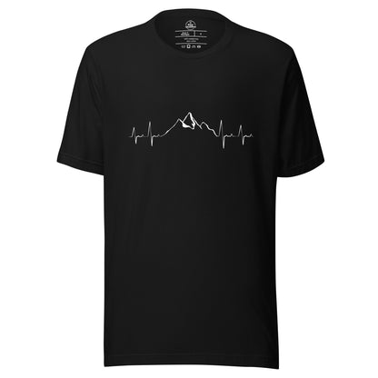 Black unisex Mountain Heartbeat t-shirt by Knot Qualified, featuring a mountain graphic on the front.