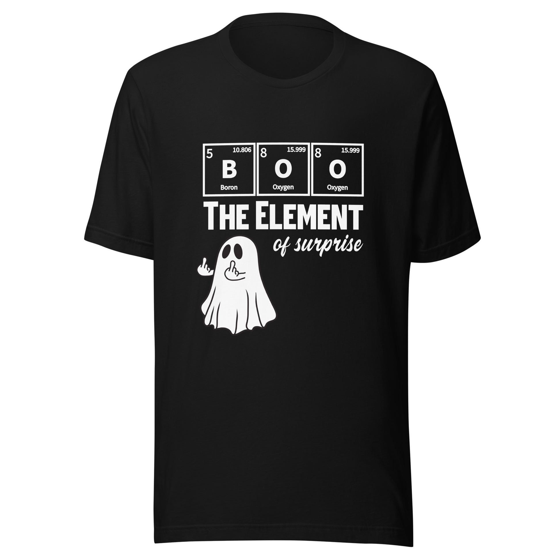 Black unisex T-shirt featuring a funny ghost graphic with a science pun for Halloween by Knot Qualified.