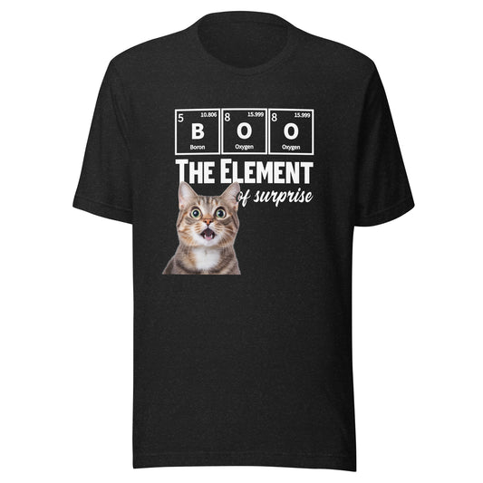 Unisex black heather t-shirt featuring BOO The Element of Surprise graphic by Knot Qualified.
