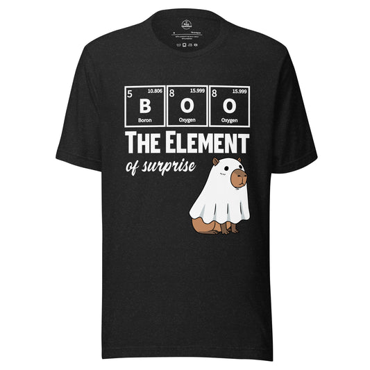 Black heather unisex t-shirt featuring a funny capybara ghost science design by Knot Qualified.