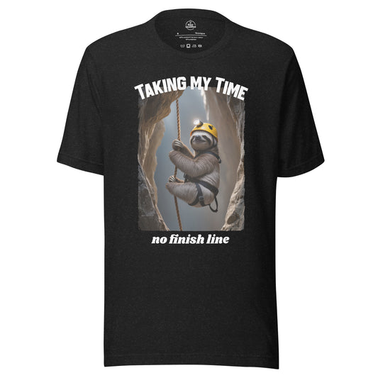Black heather unisex T-shirt by Knot Qualified featuring the phrase "Taking my Time, no finish line" on the front.