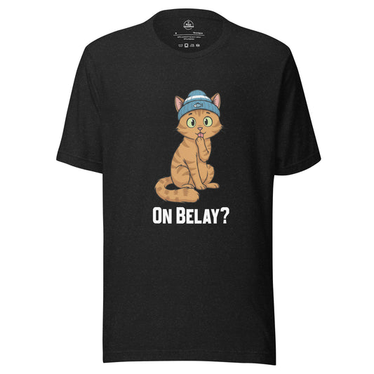Black heather unisex t-shirt featuring "On Belay Climbing Cat" graphic by Knot Qualified.